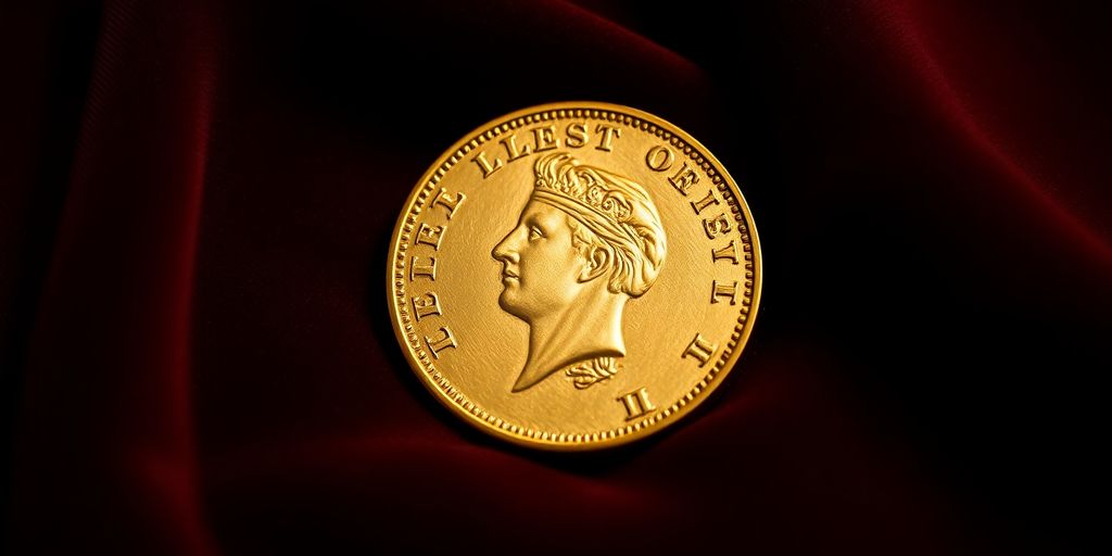 Une pièce en or Napoléon sur un tissu en velours.