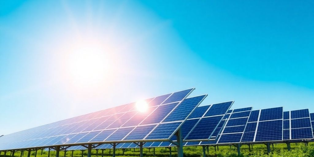 Industrial solar panels in a bright outdoor setting.