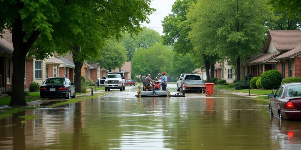 Flooded homes in Wichita with restoration workers assessing damage.