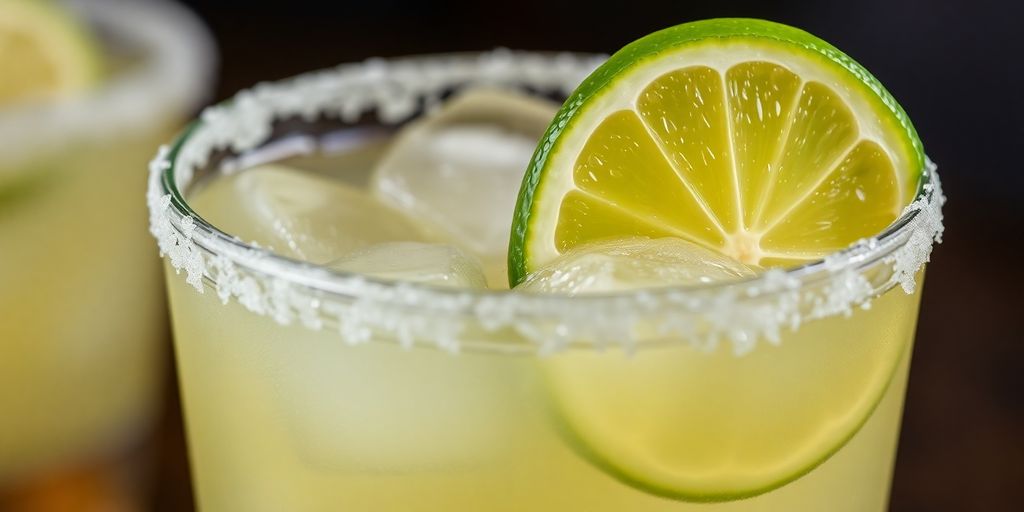 A frosty margarita with lime and salt rim.