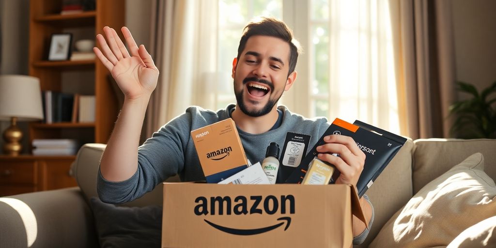 Amazon Vine program box with reviewer receiving products.