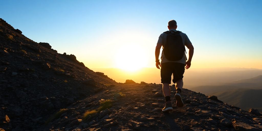 Person scaling a mountain towards a bright, distant horizon.