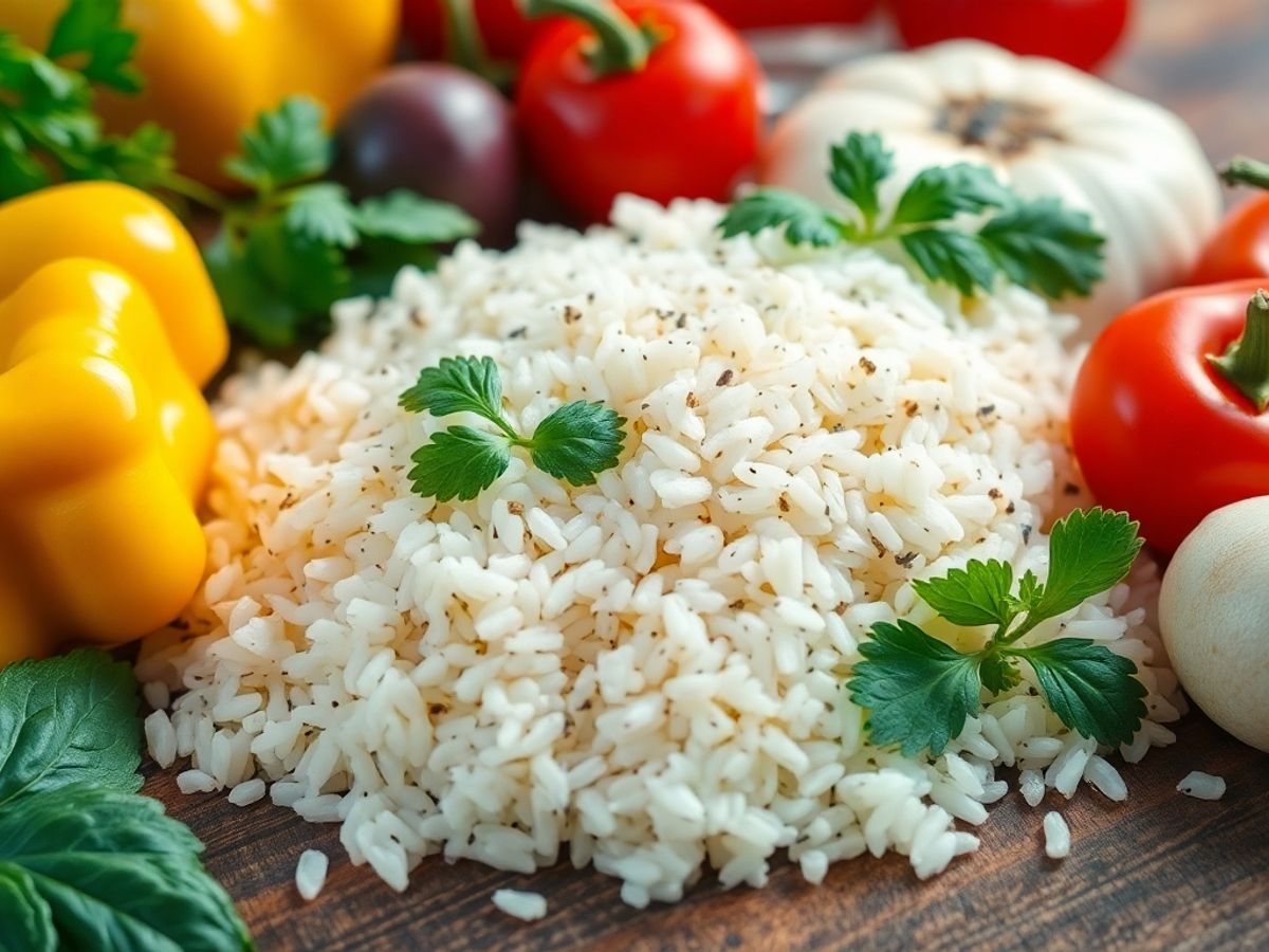 Friske ingredienser til risotto på treoverflate.