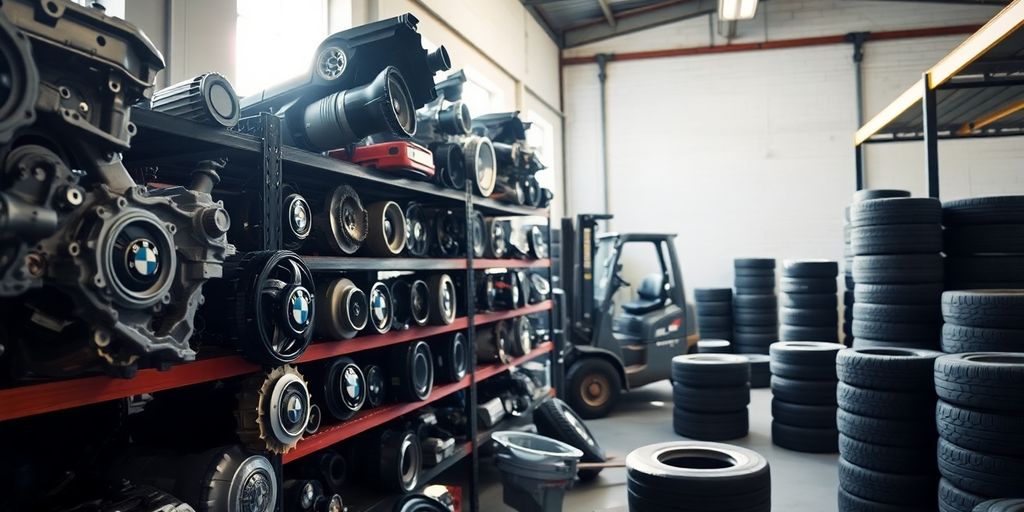 Used BMW parts in a neat warehouse, ready for sale.
