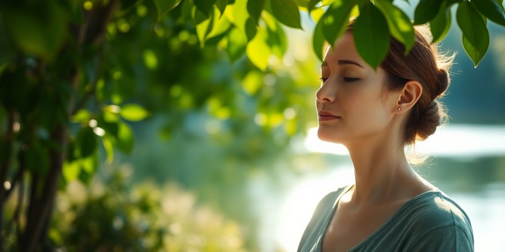 Person meditating peacefully outdoors, surrounded by nature.