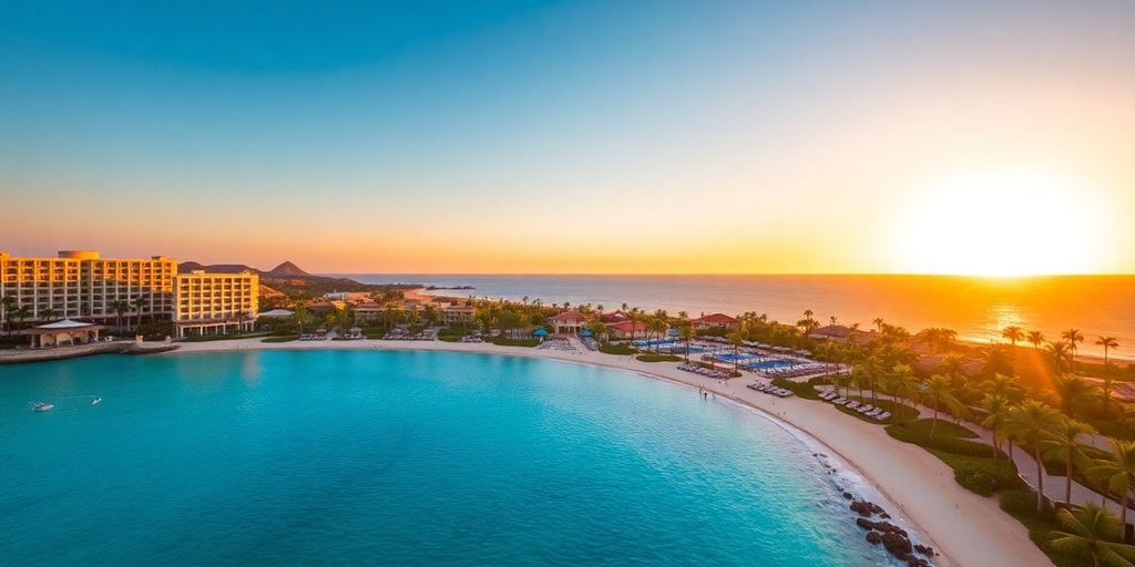 Aerial view of a Cabo San Lucas resort at sunset.
