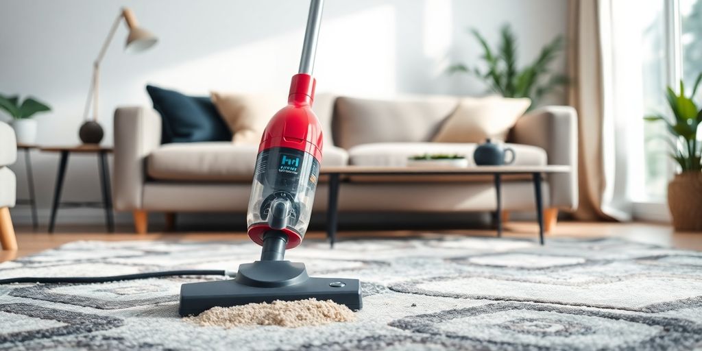 Ein Staubsauger in einem modernen Wohnzimmer.