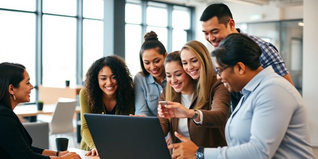 Diverse professionals collaborating in a modern office setting.