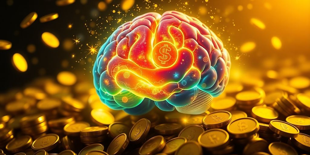 Brain with coins and light representing financial abundance.
