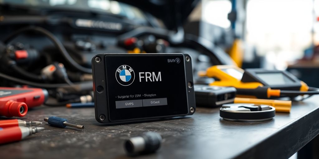 Close-up of a BMW FRM module on a workbench.