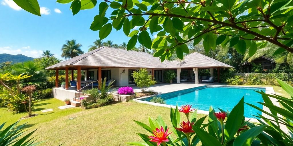 Tropical villa in Thailand with lush surroundings.