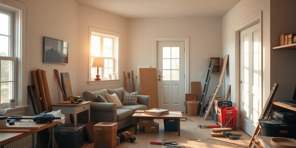 Interior of a home under renovation with organized tools.