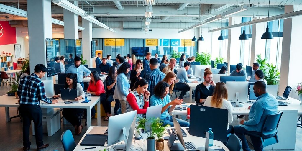 Diverse team collaborating in a modern startup office.
