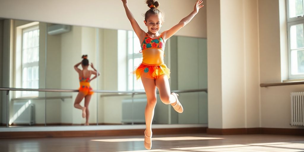 Young dancer leaping in a bright dance studio.