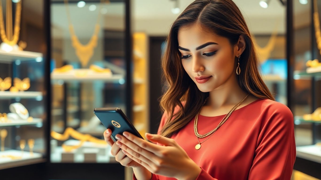 Femme regardant des bijoux en or sur son smartphone