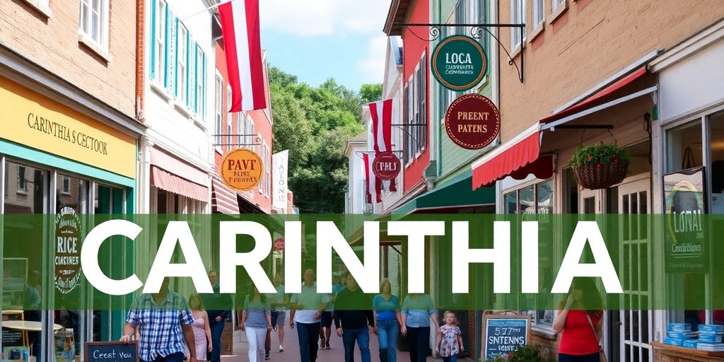 Bunte Geschäfte in Kärnten mit Kunden und lebhaftem Treiben.