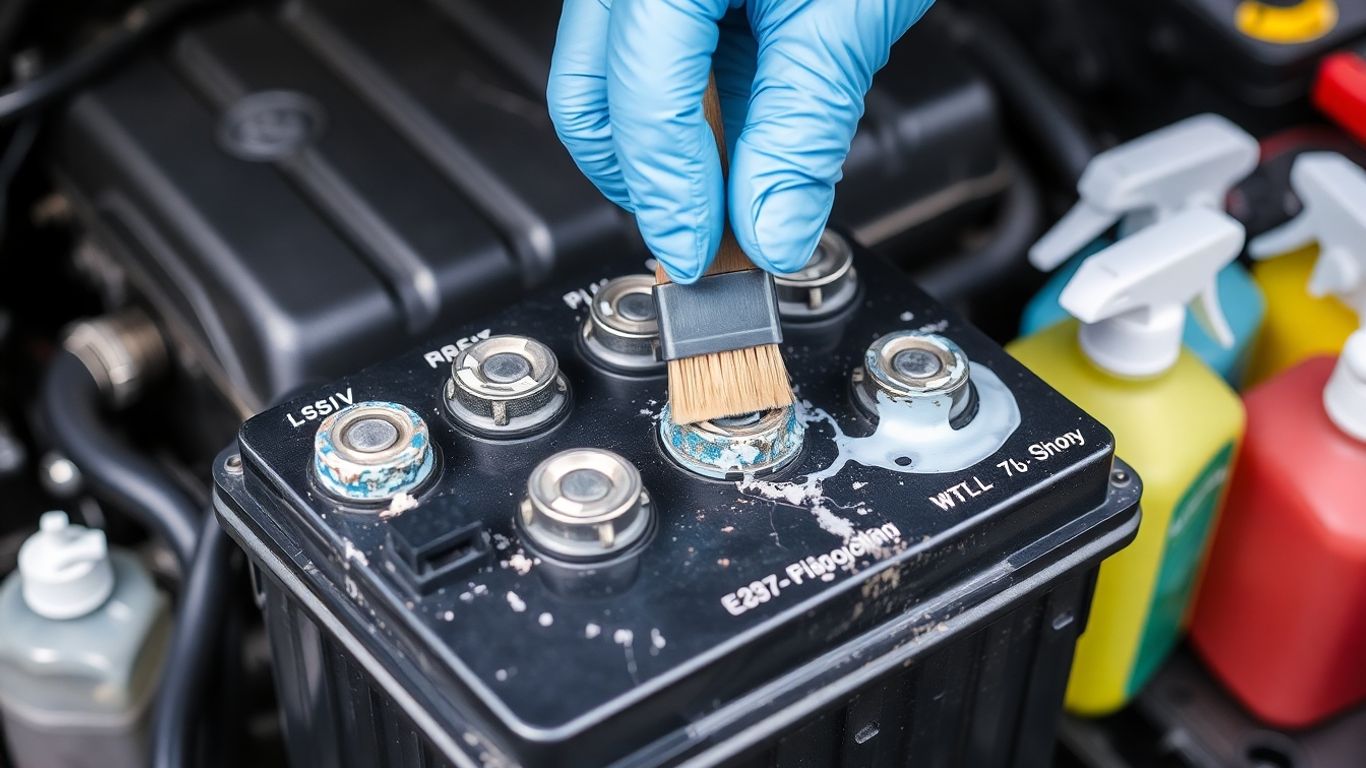 Car battery terminals with corrosion and cleaning in progress