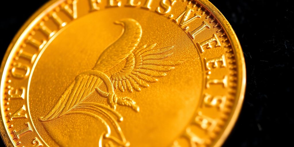 Une pièce Napoléon en or sur fond sombre.