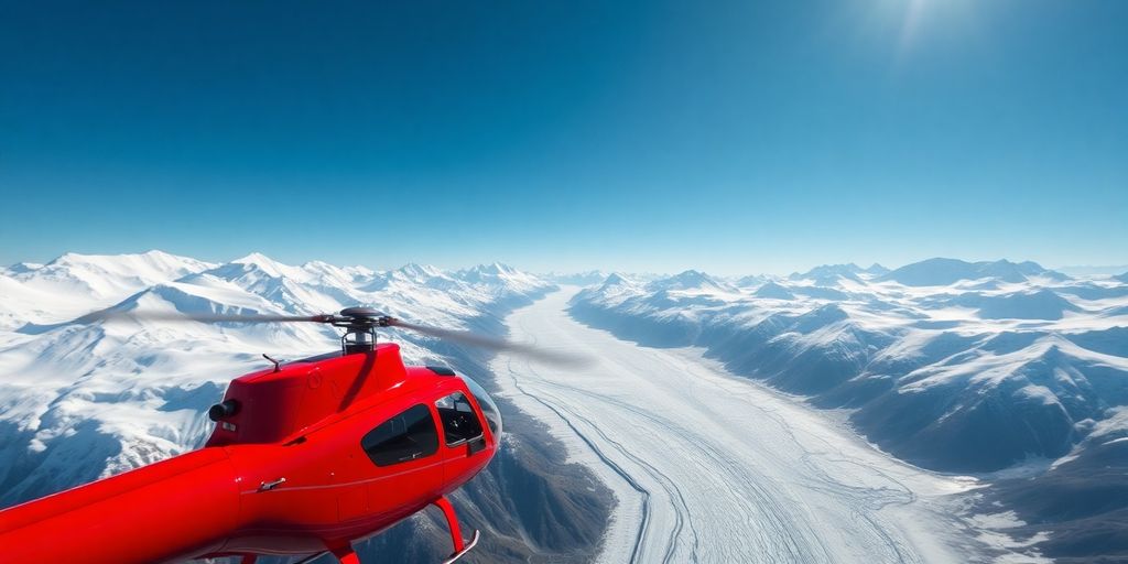 A red helicopter flying over a vast Alaskan glacier.