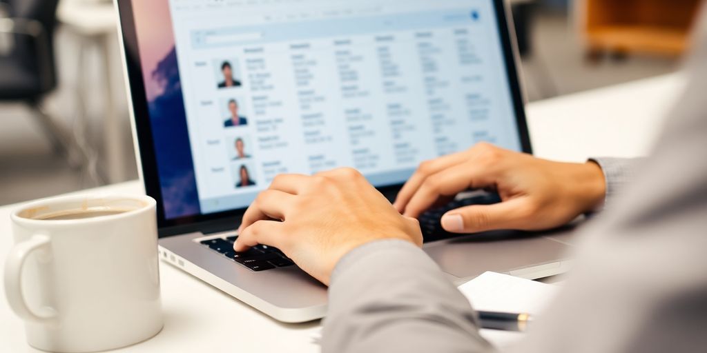 Recruiter reviewing applicant resumes on a laptop.