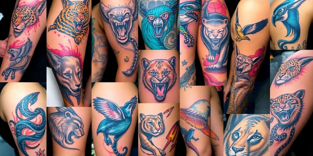 Collage of colorful animal tattoos on skin.