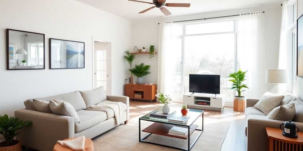 Transformed living space with modern decor and bright light.