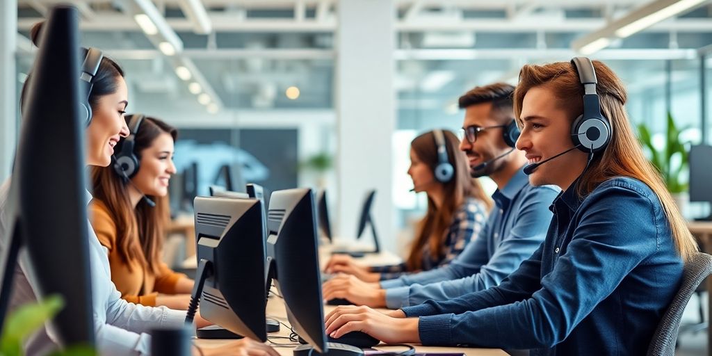 Team collaborating in a modern call center office.