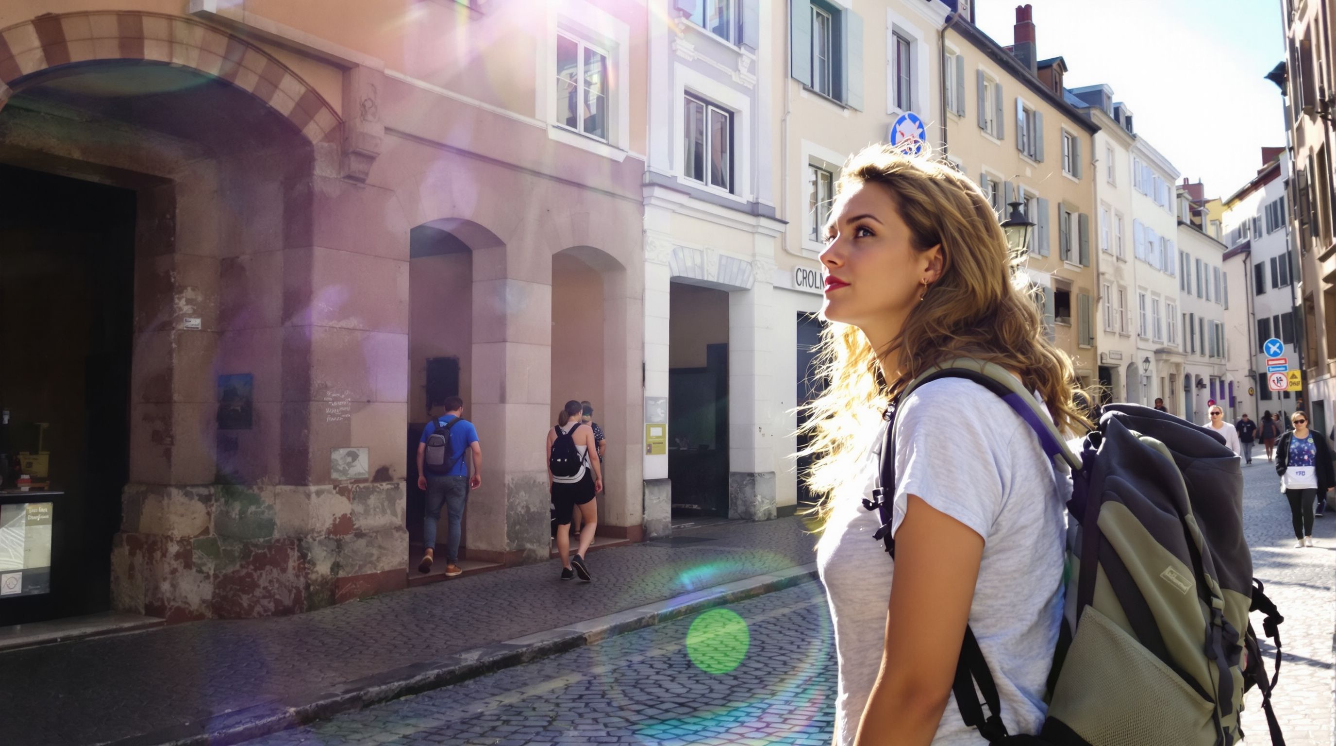 Solo traveler exploring a historic European city street.
