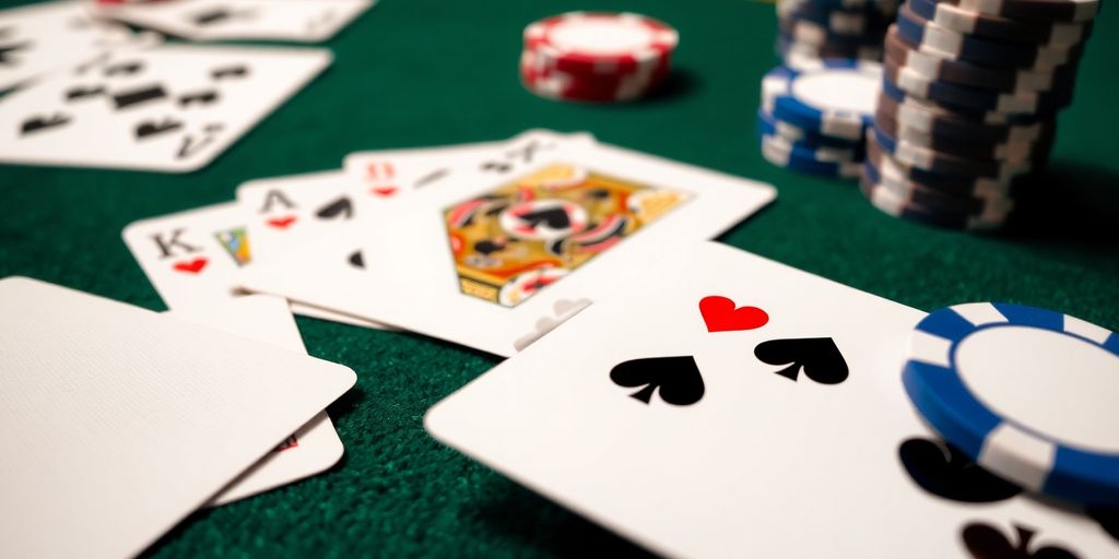 Blackjack cards and chips on a green felt table background.