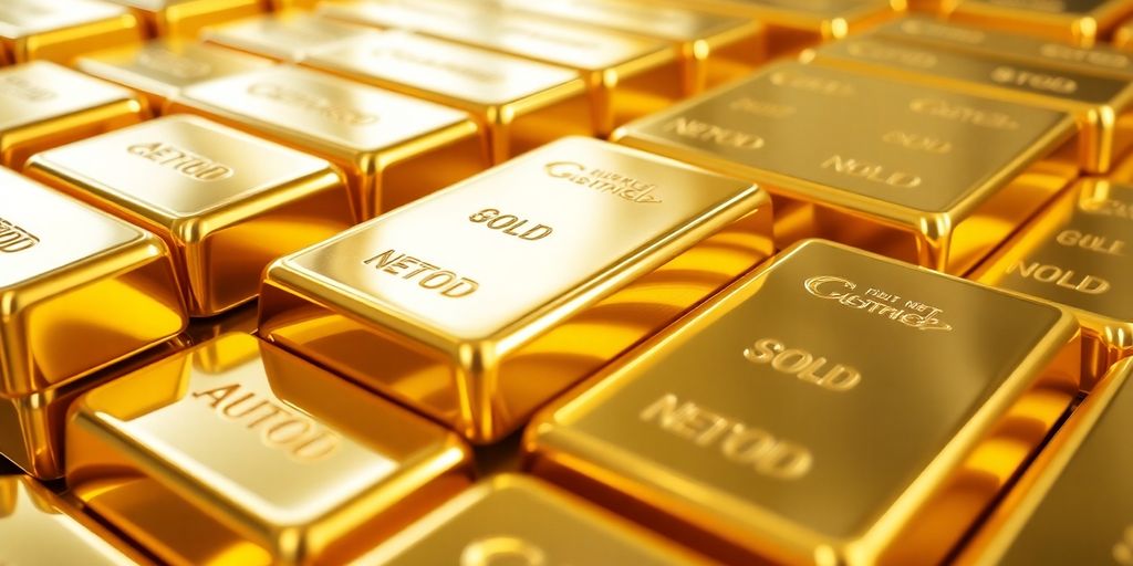 Lingots d'or brillants empilés dans une raffinerie.