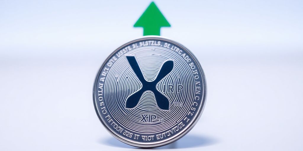 Ripple coin, rising arrow, upward trajectory.