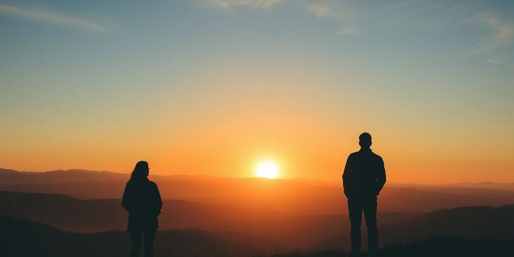 Silhouetted figures observing a hopeful sunrise over hills.