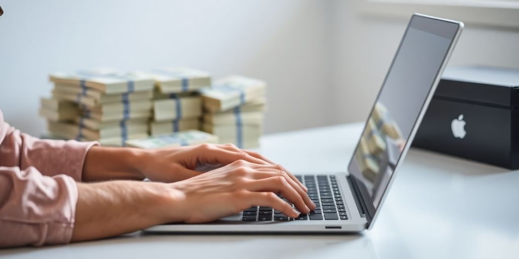 Person typing on laptop, money in background