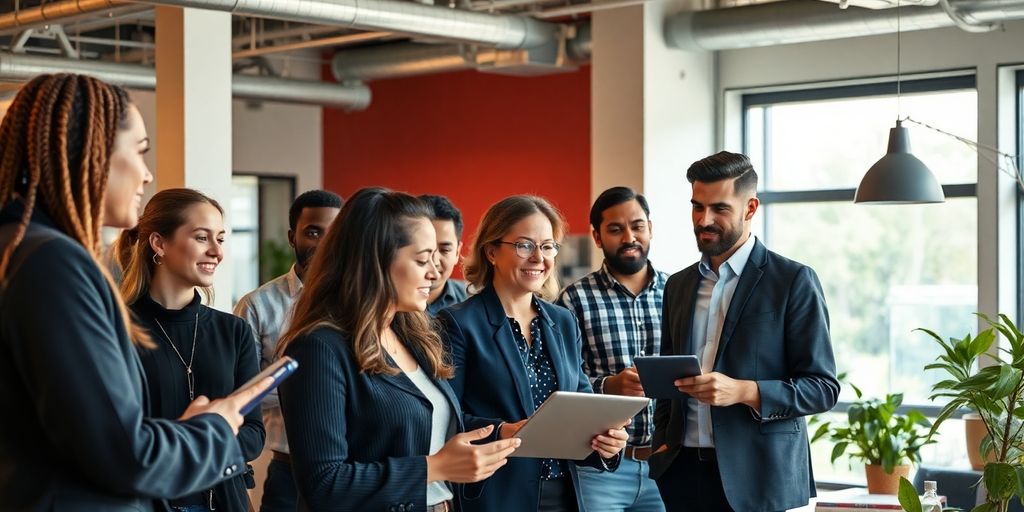 Diverse professionals collaborating in a modern office setting.