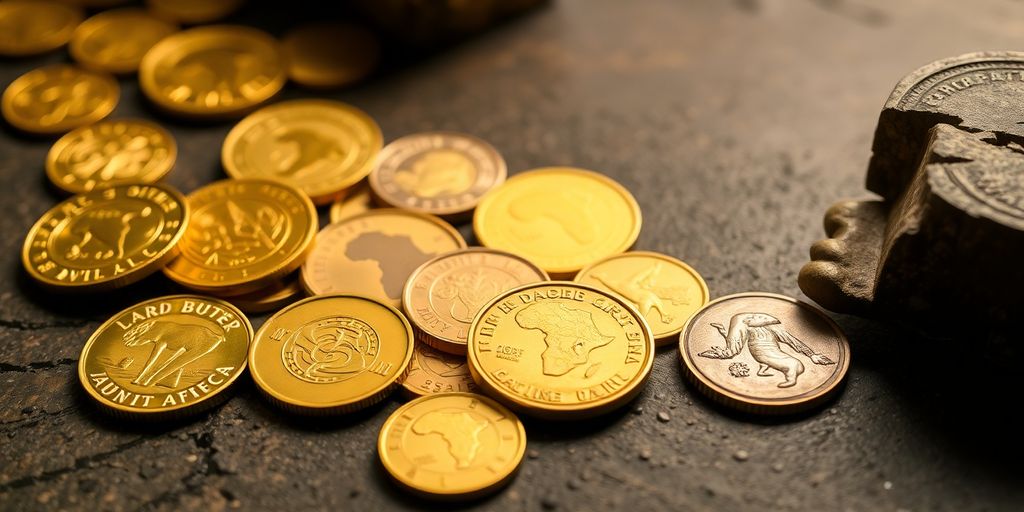 Collection de pièces d'or africaines sur une surface texturée.