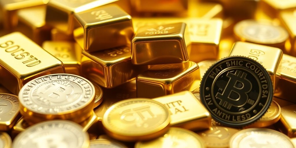Lingots d'or et pièces d'investissement en gros plan.