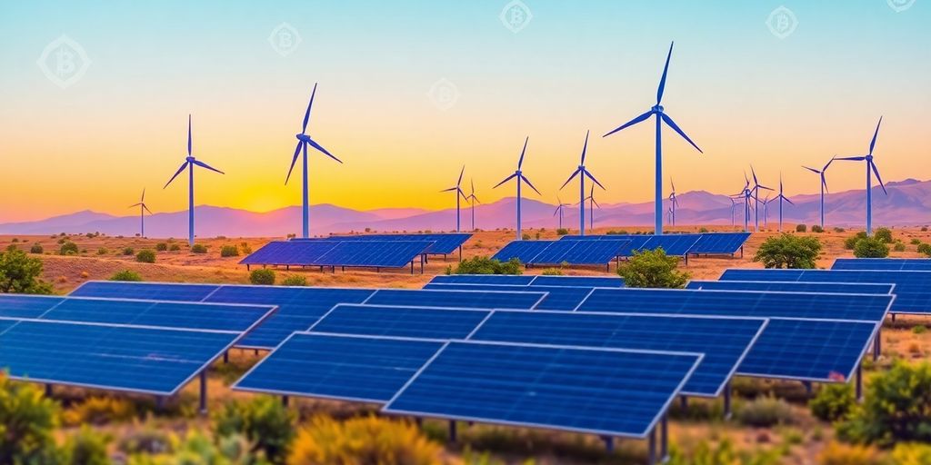 Futuristic renewable energy landscape with blockchain symbols.