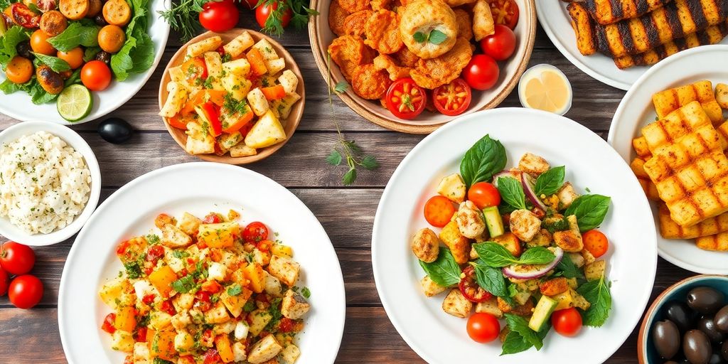 Colorful Mediterranean meals on a rustic wooden table.