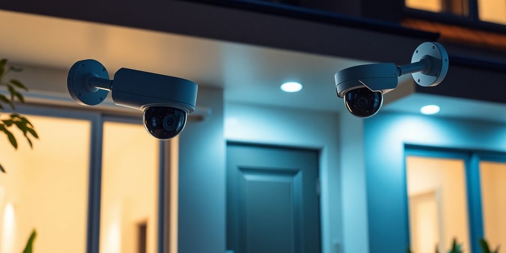 AI security cameras installed on a modern home exterior.