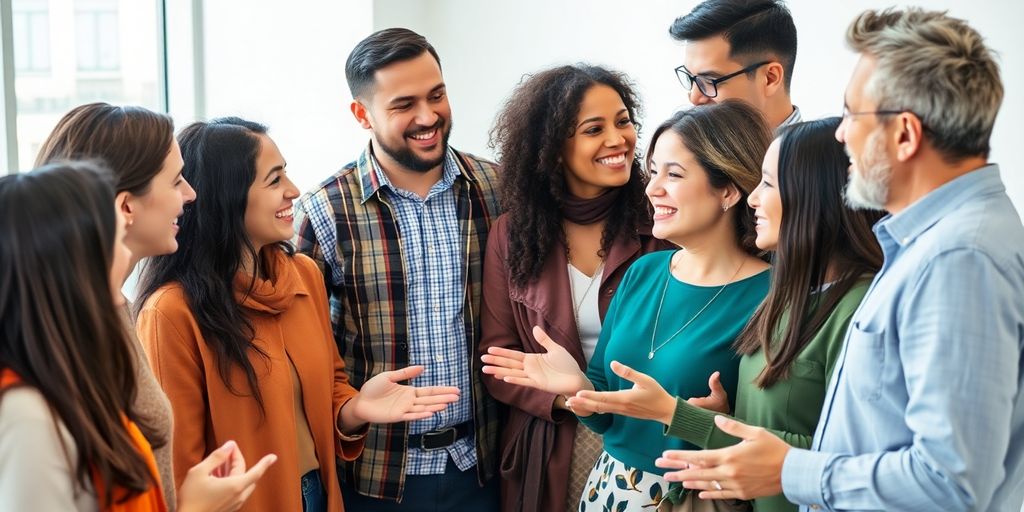 Diverse people communicating in a multilingual setting.