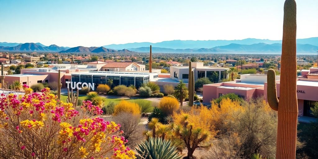Vibrant Tucson landscape with desert flora and architecture.