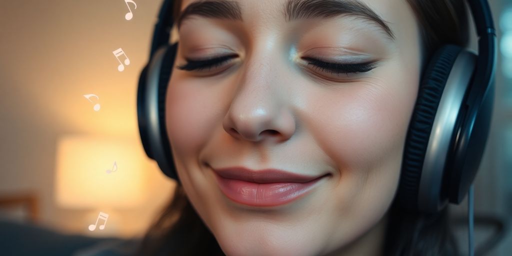 Person smiling, listening to music.