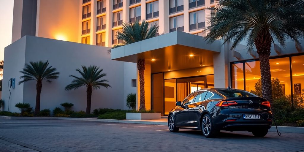 Electric car charging outside a sleek modern hotel at dusk