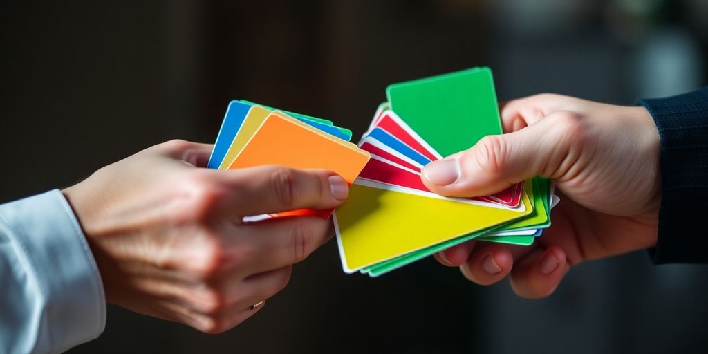 Hands exchanging colorful options trading cards.