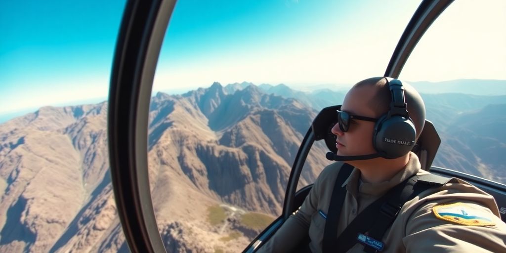 Pilot in cockpit, helicopter flying over mountains.