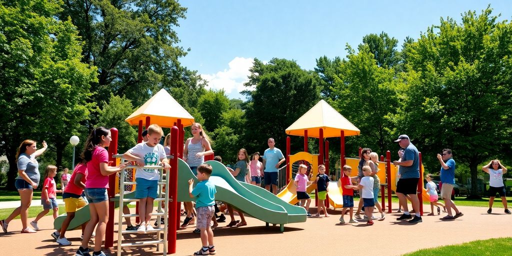 Bambini giocano su arredi parco di qualità.
