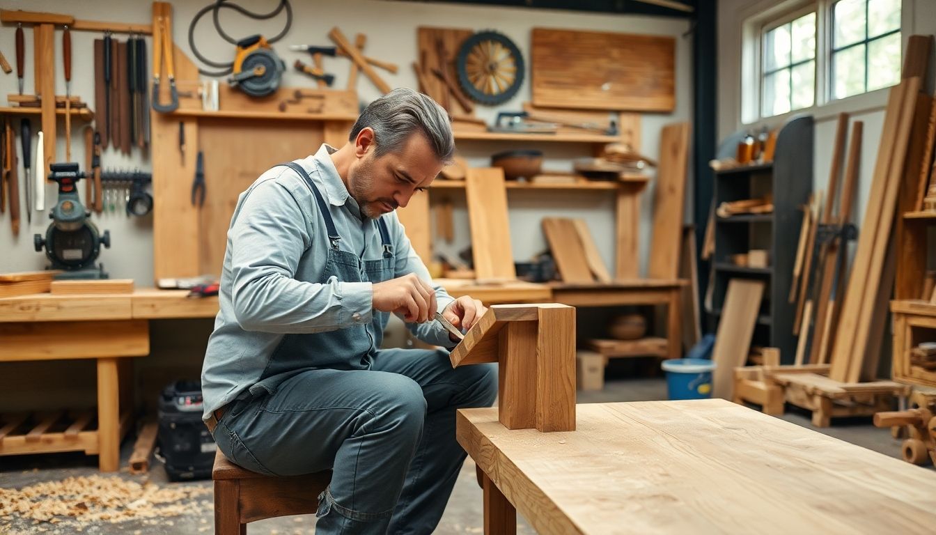 Carpenter working on a wooden project in workshop.