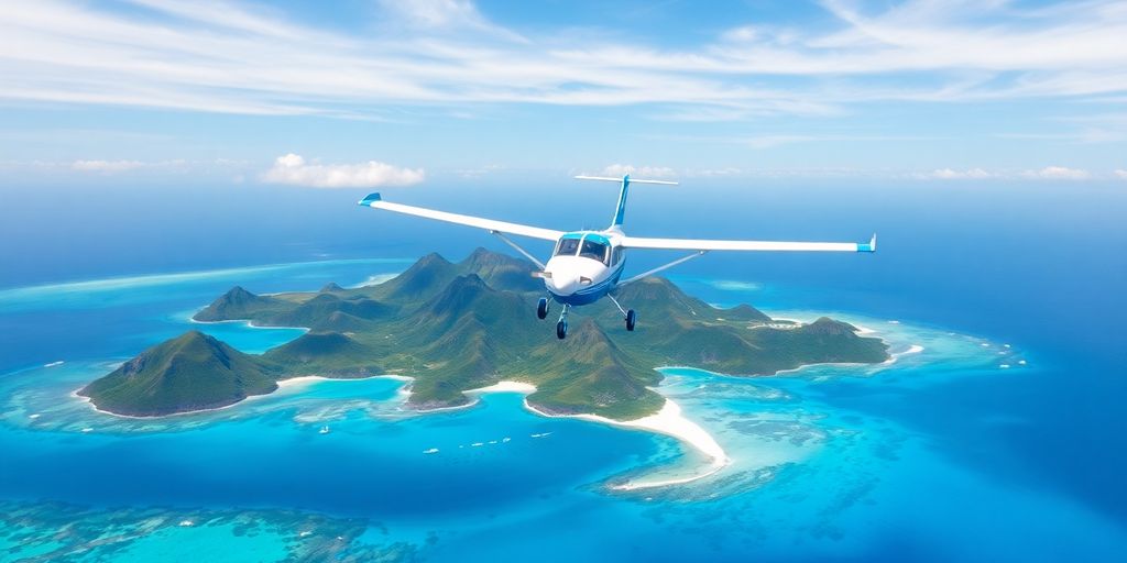 Small plane flying over tropical islands.