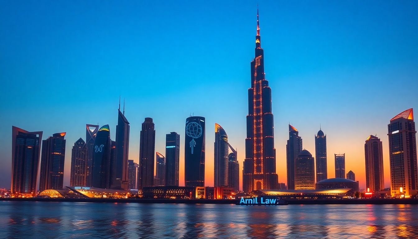 Futuristic UAE skyline with AI and law themes.