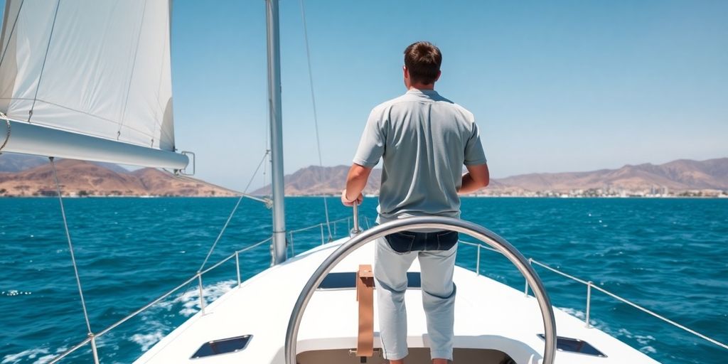 Catamaran sailing Southern California, captain at helm.